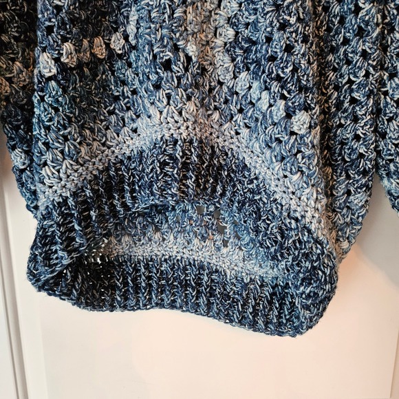 Hand Crocheted Chunky Blue Sweater Silver Maple Stitches Hooded Oversized Heavy - Picture 6 of 11